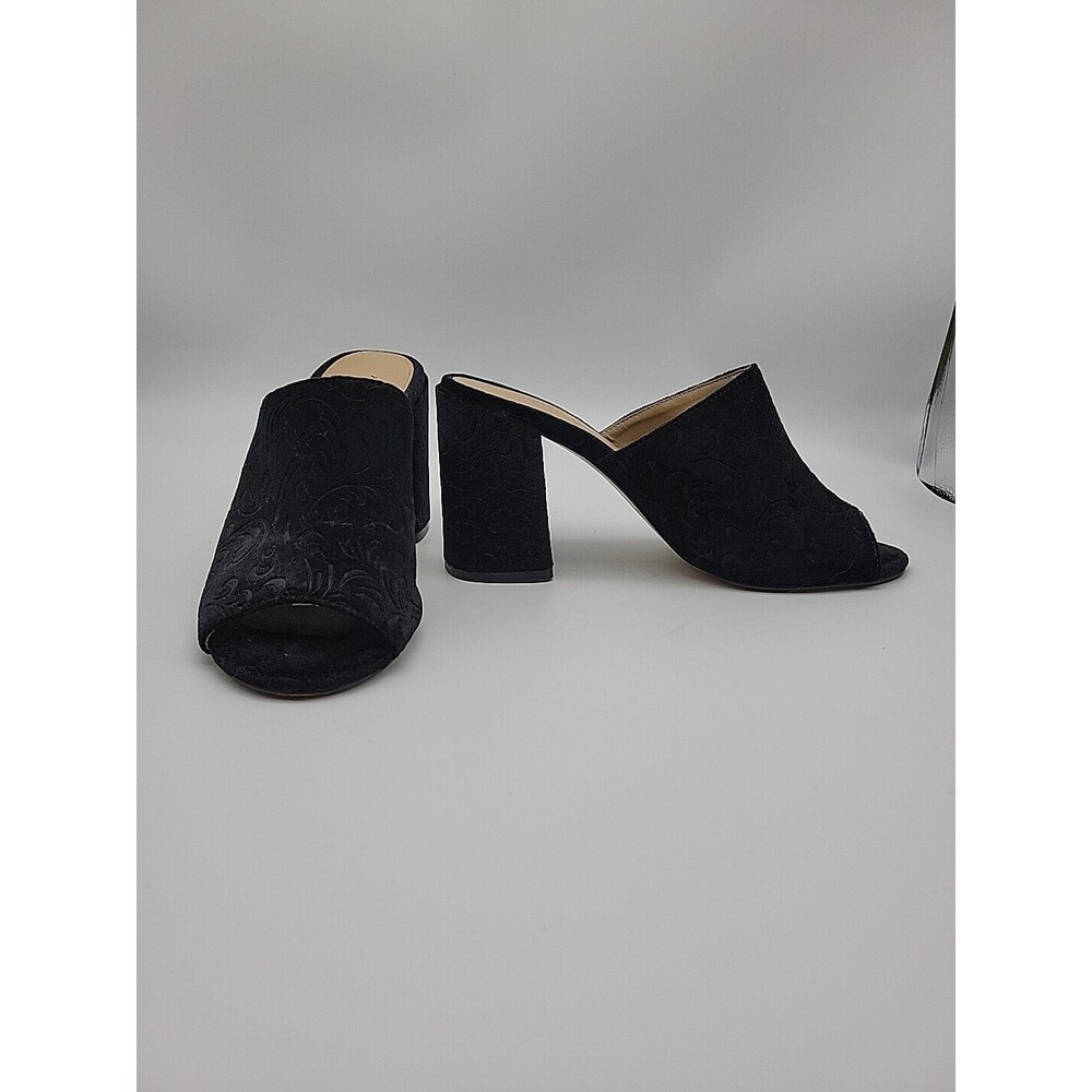 Shellys London Dalia Black 8.5 Embossed Design Velvet Chunky Heel Open Toe Mules